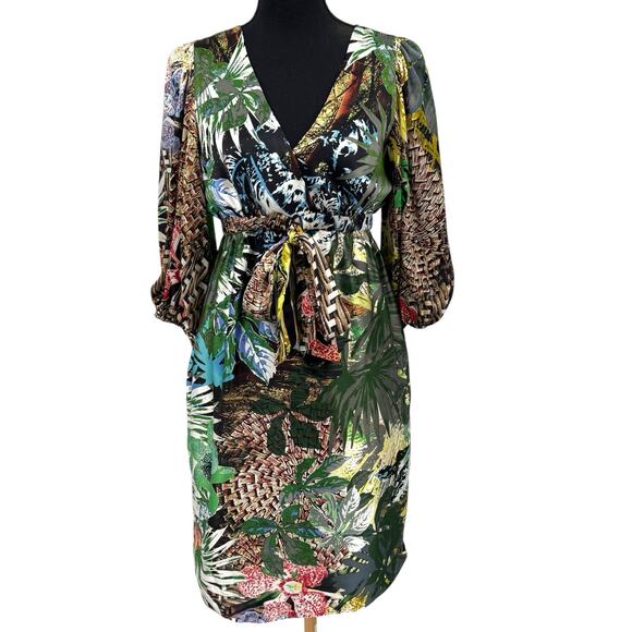 Vintage Y2K Cache 100% Silk A Line Tropical Print V Neck‎ Tie Waist Dress Sz 6 - Picture 1 of 9